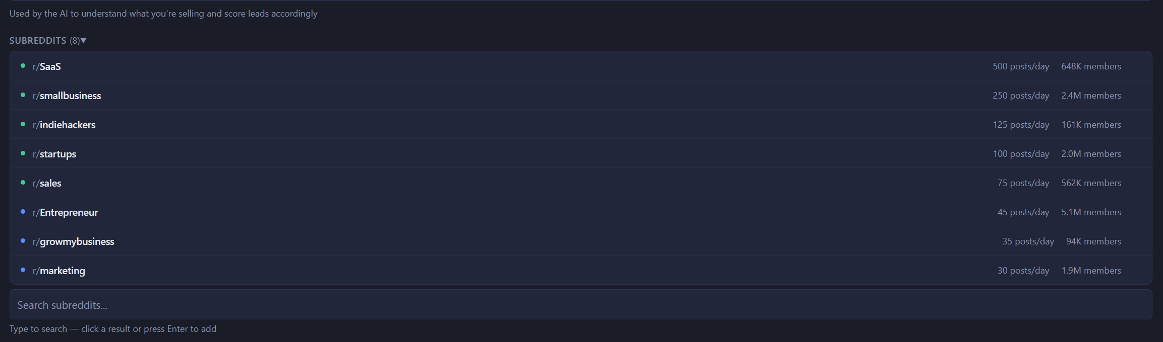 GenLead subreddit configuration with member counts