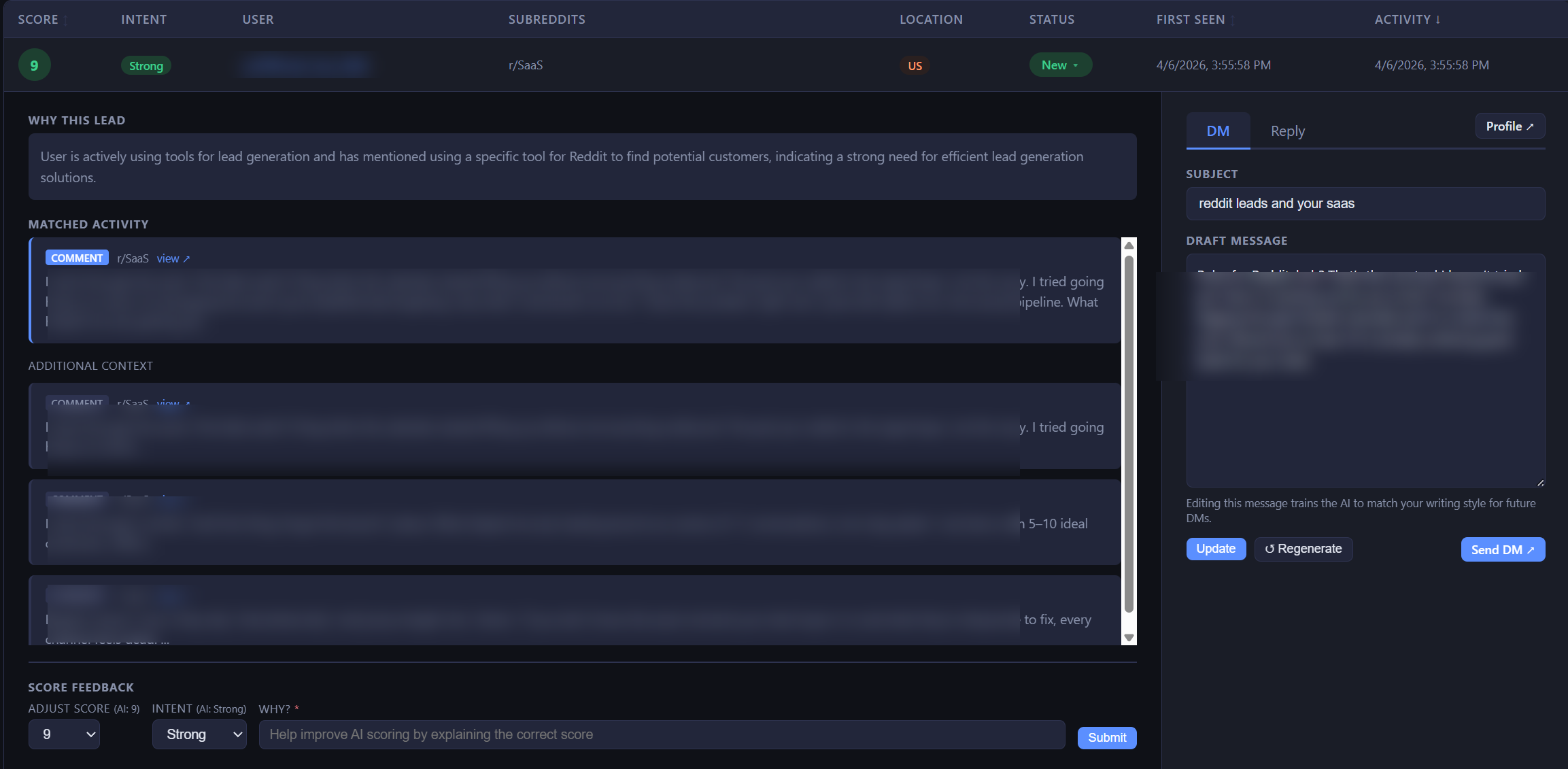 GenLead expanded lead showing AI-drafted outreach message and score breakdown