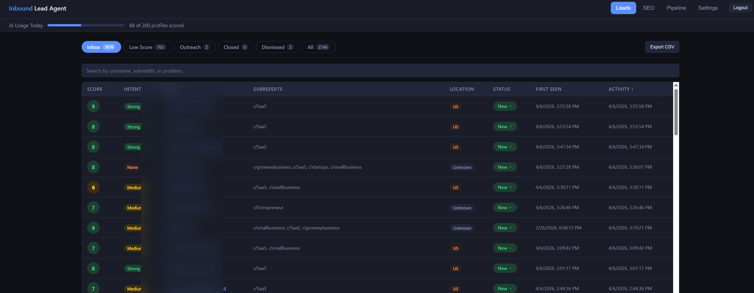 GenLead dashboard showing scored leads with buying intent from Reddit